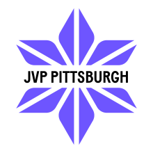 A purple shape, which looks both like a six-pointed star and an abstract flower, with the text "JVP Pittsburgh" through the middle